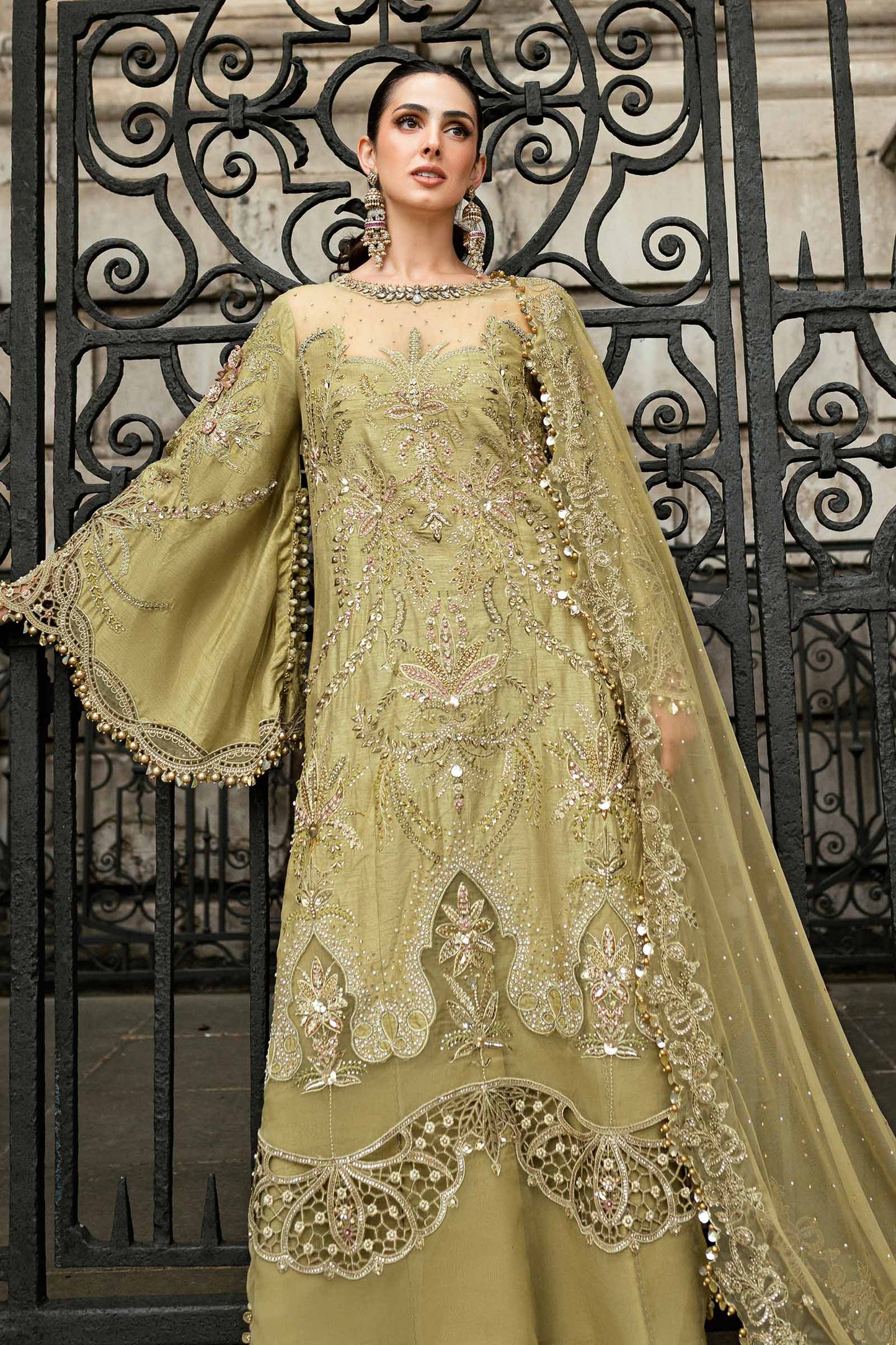 Maria B. | 3 Piece Unstitched Embroidered Raw Silk Suit | WF-09-08-Olive Green
