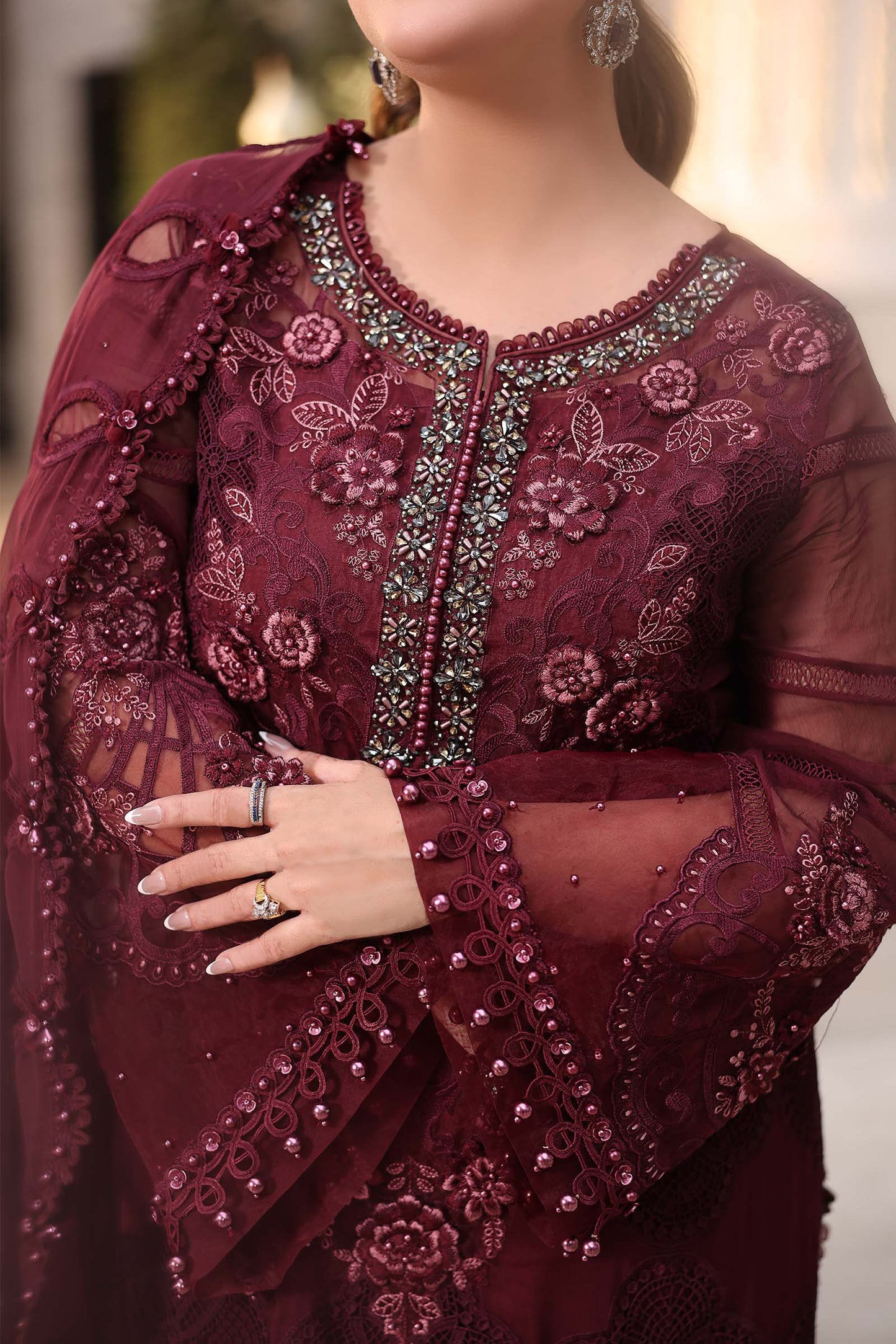 Maria B. | 3 Piece Unstitched Embroidered Chiffon Suit | MPC-26-108-Burgundy