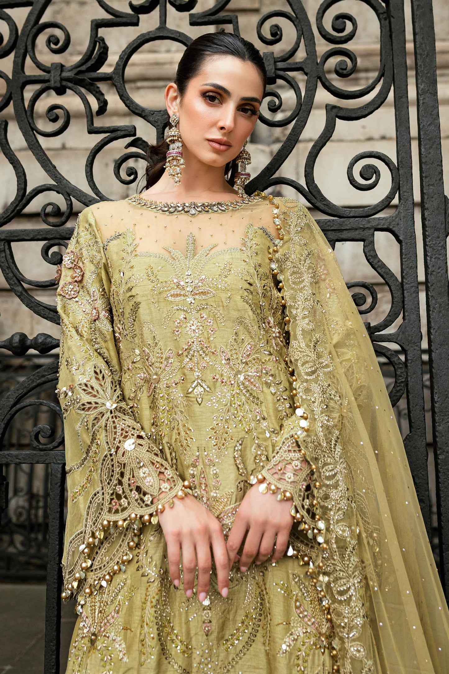 Maria B. | 3 Piece Unstitched Embroidered Raw Silk Suit | WF-09-08-Olive Green