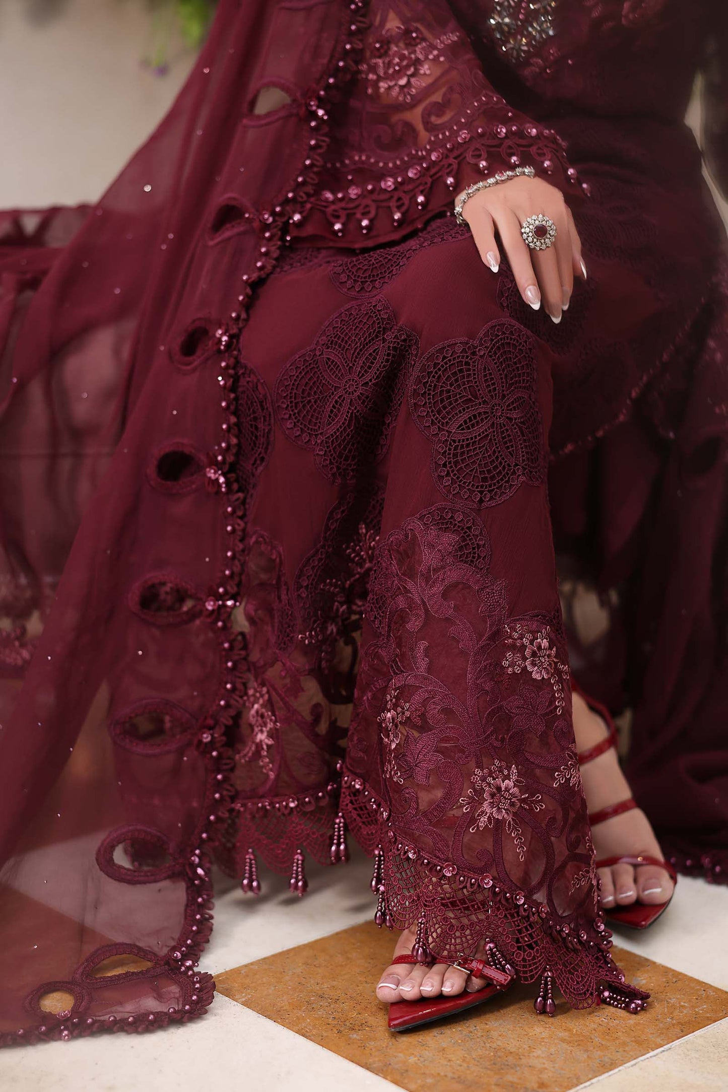 Maria B. | 3 Piece Unstitched Embroidered Chiffon Suit | MPC-26-108-Burgundy