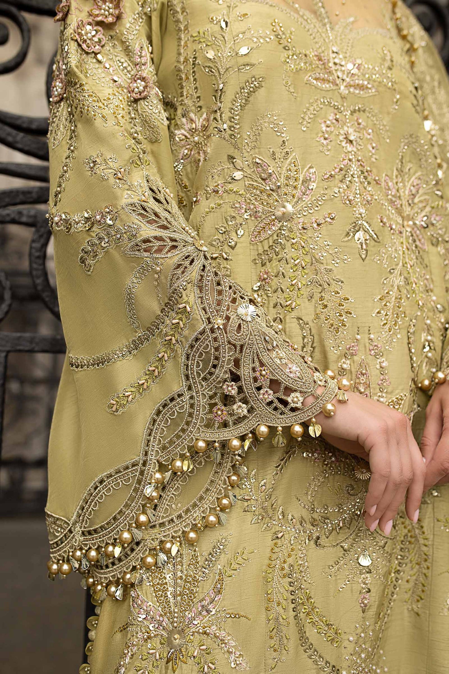 Maria B. | 3 Piece Unstitched Embroidered Raw Silk Suit | WF-09-08-Olive Green