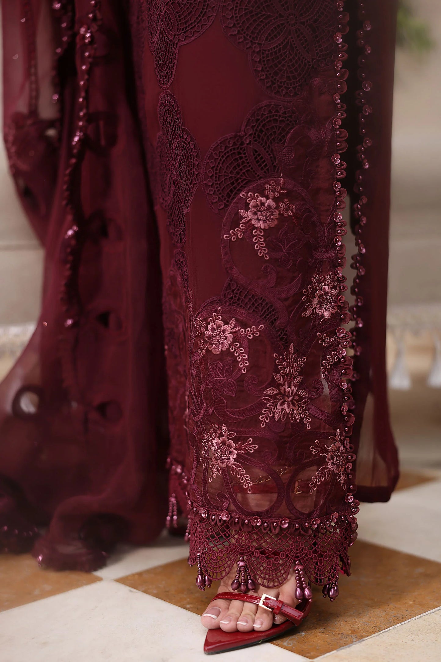 Maria B. | 3 Piece Unstitched Embroidered Chiffon Suit | MPC-26-108-Burgundy