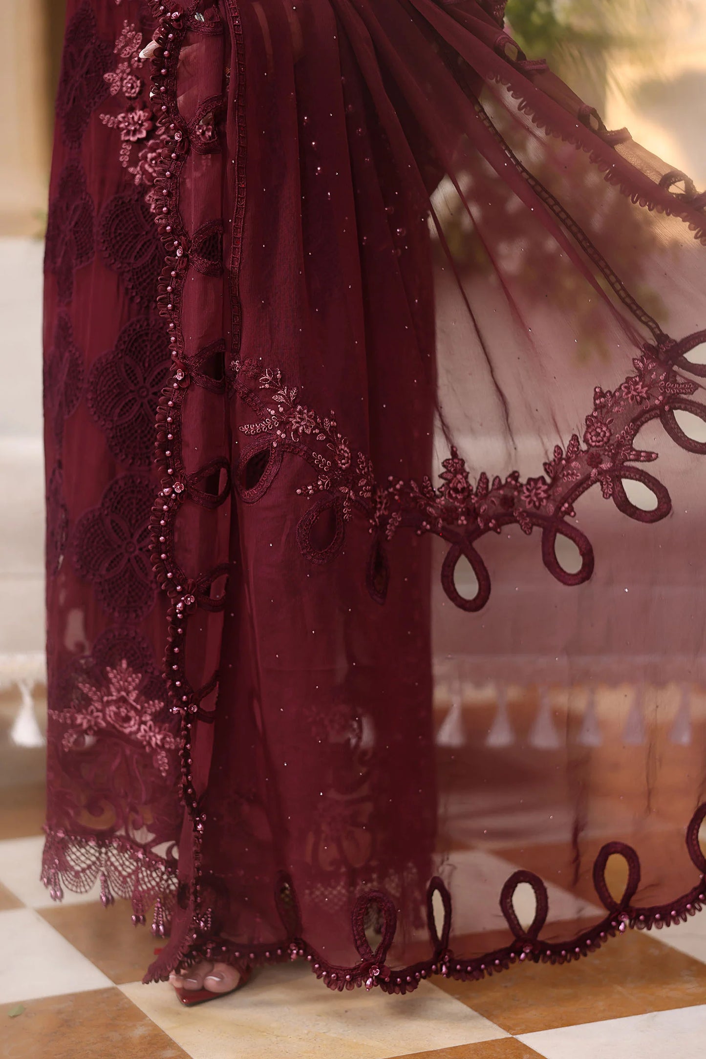 Maria B. | 3 Piece Unstitched Embroidered Chiffon Suit | MPC-26-108-Burgundy