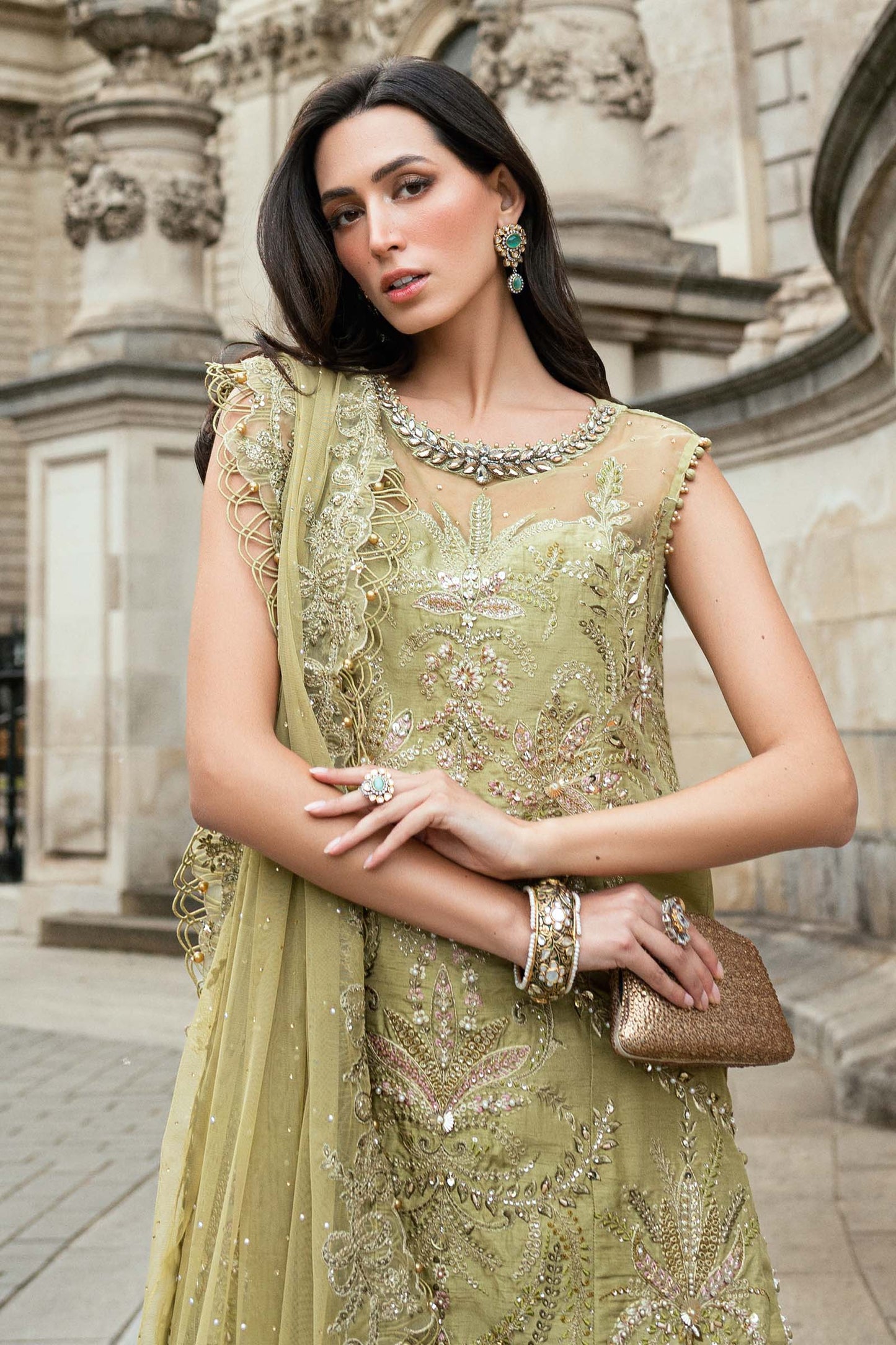 Maria B. | 3 Piece Unstitched Embroidered Raw Silk Suit | WF-09-08-Olive Green