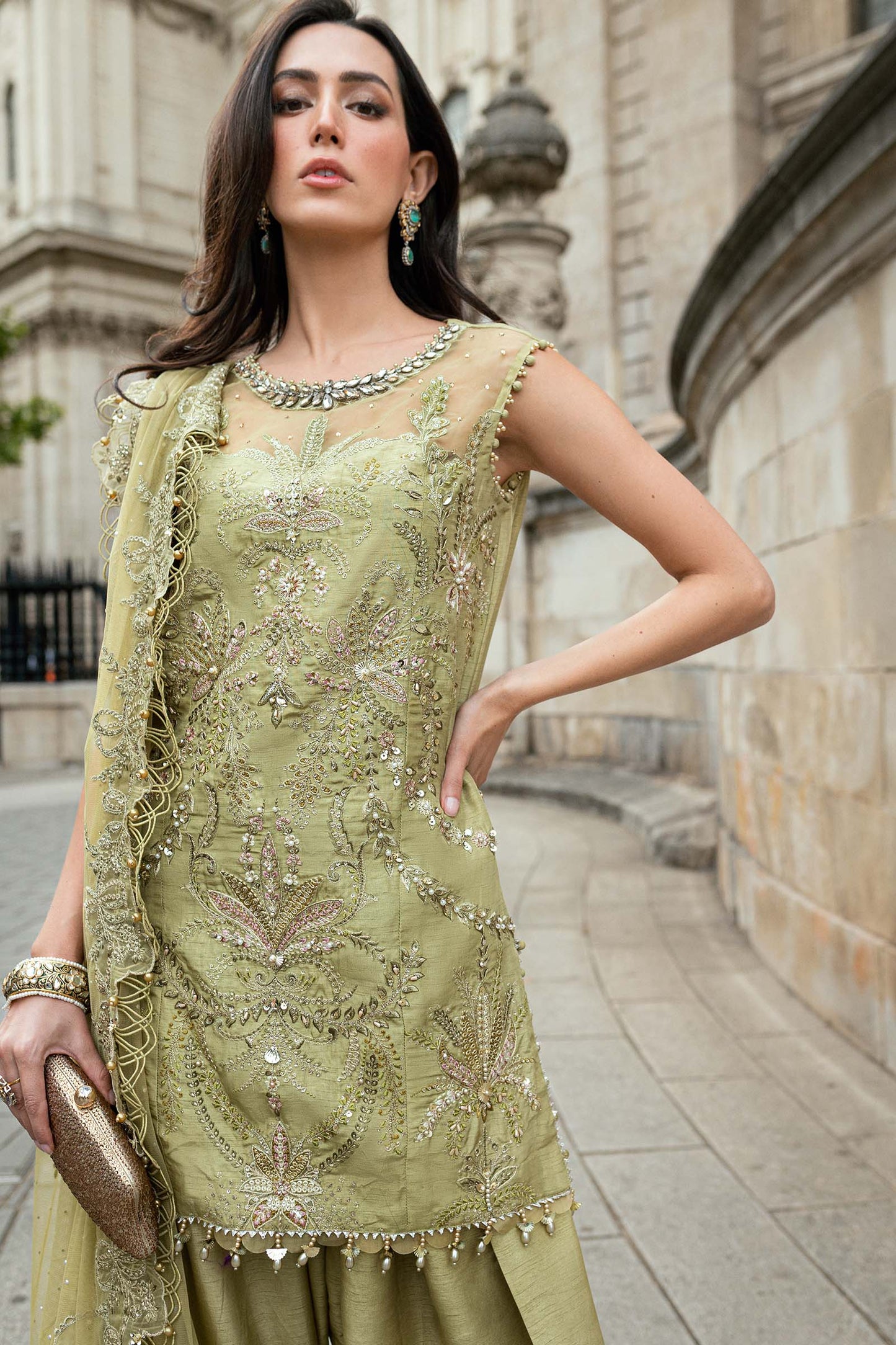 Maria B. | 3 Piece Unstitched Embroidered Raw Silk Suit | WF-09-08-Olive Green