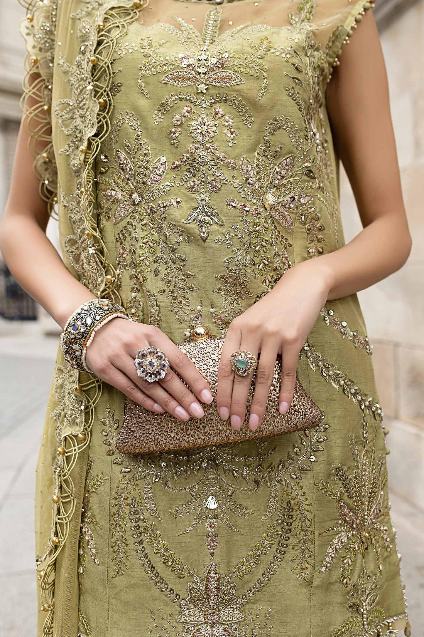 Maria B. | 3 Piece Unstitched Embroidered Raw Silk Suit | WF-09-08-Olive Green