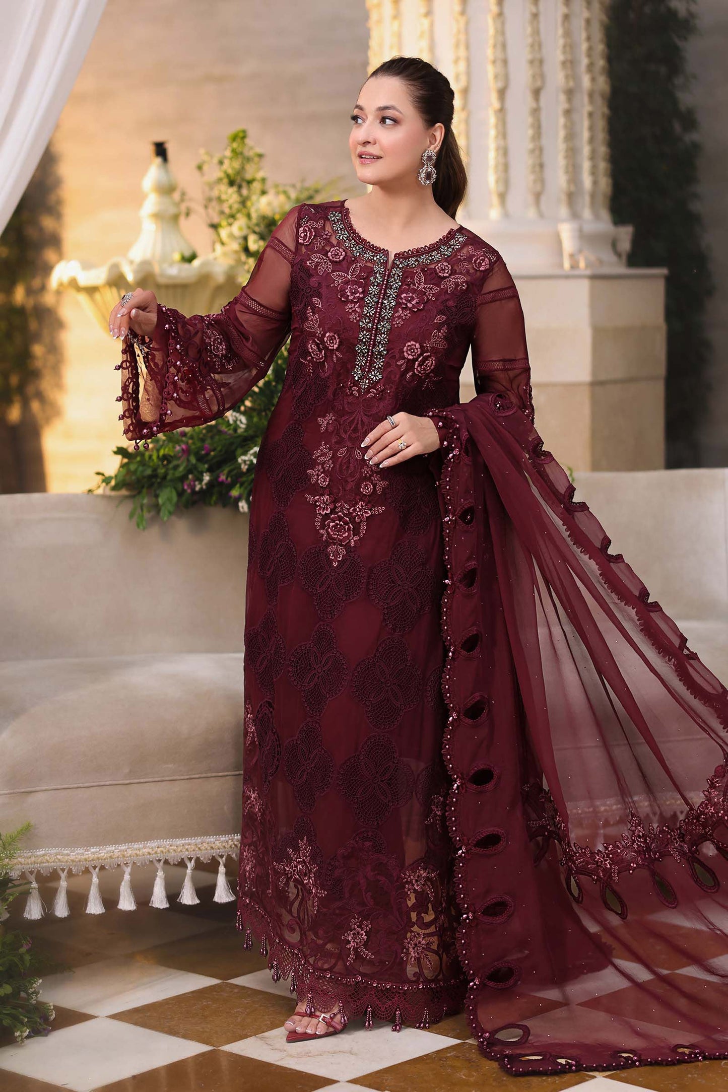 Maria B. | 3 Piece Unstitched Embroidered Chiffon Suit | MPC-26-108-Burgundy