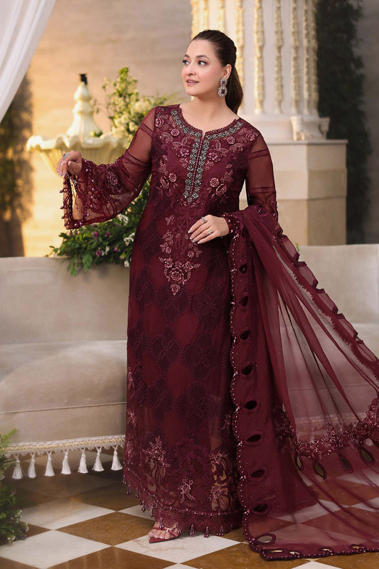 Maria B. | 3 Piece Unstitched Embroidered Chiffon Suit | MPC-26-108-Burgundy