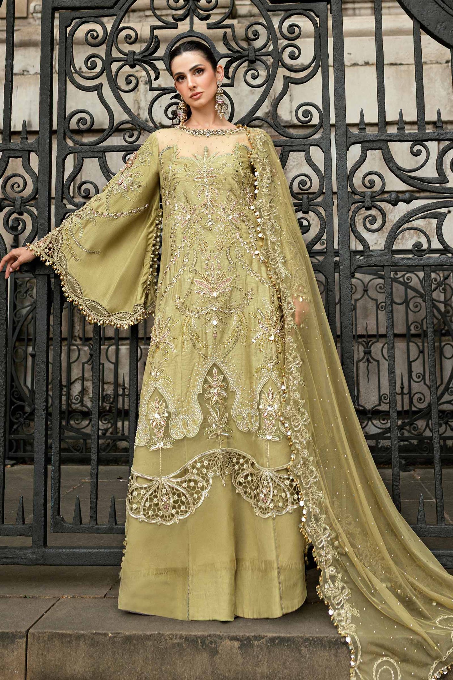 Maria B. | 3 Piece Unstitched Embroidered Raw Silk Suit | WF-09-08-Olive Green
