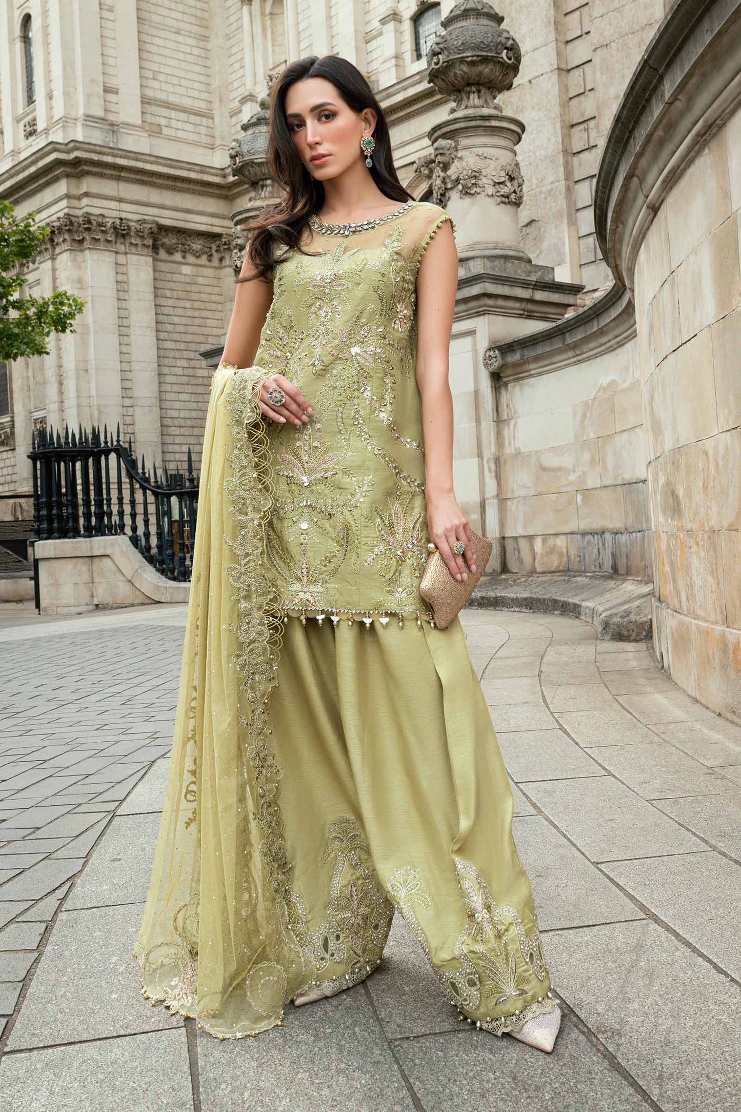 Maria B. | 3 Piece Unstitched Embroidered Raw Silk Suit | WF-09-08-Olive Green