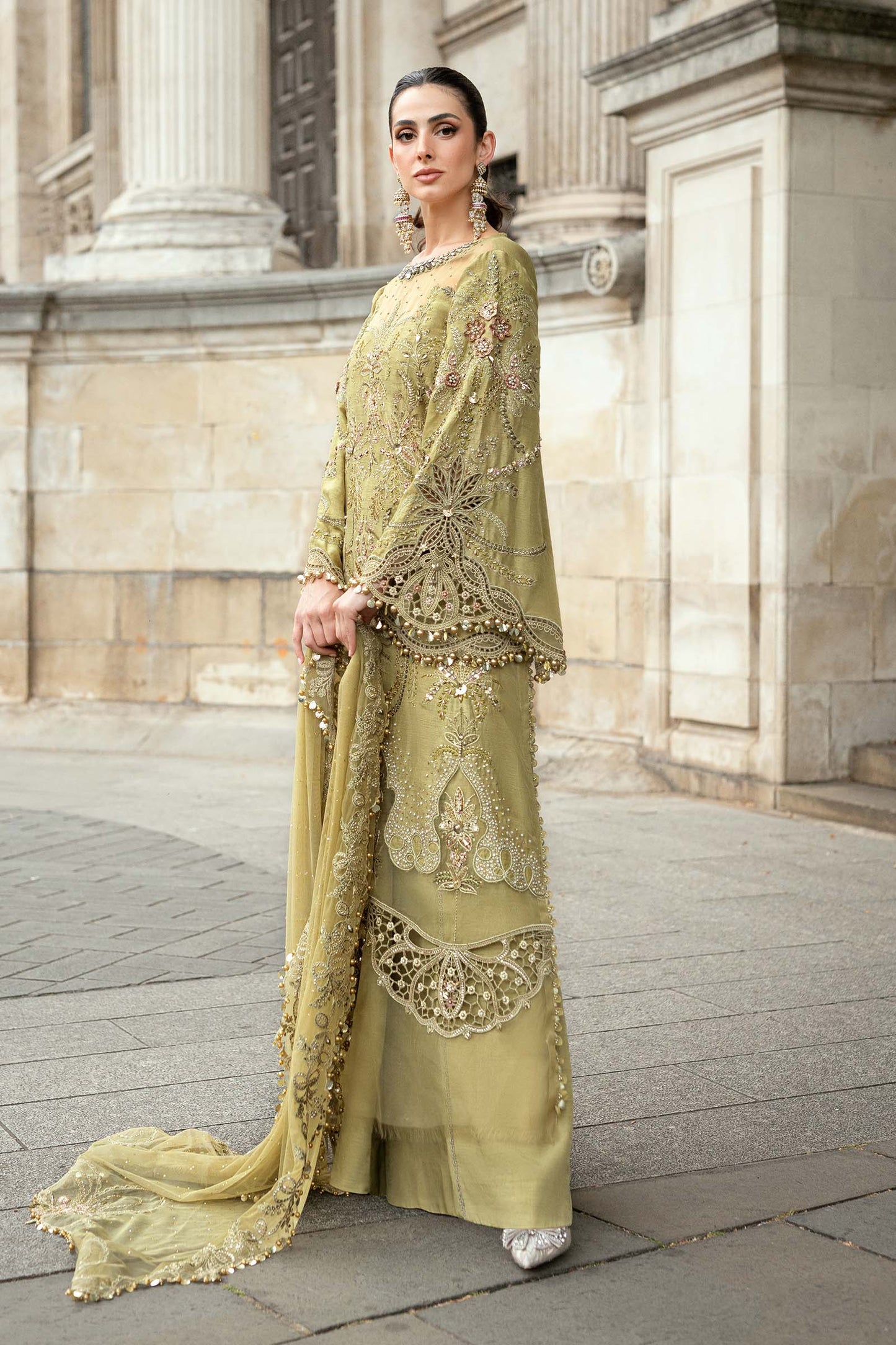 Maria B. | 3 Piece Unstitched Embroidered Raw Silk Suit | WF-09-08-Olive Green