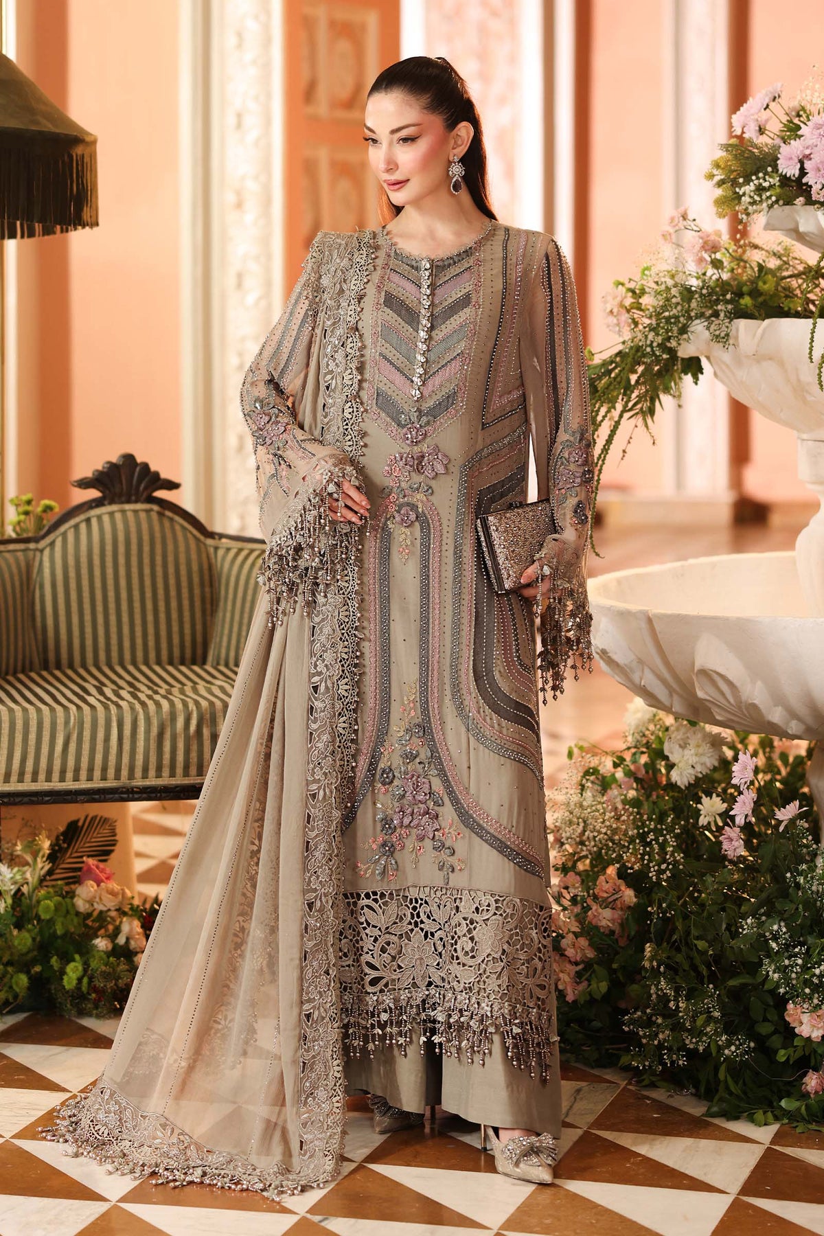 Maria B. | 3 Piece Unstitched Embroidered Chiffon | MPC-26-201-Antique Grey