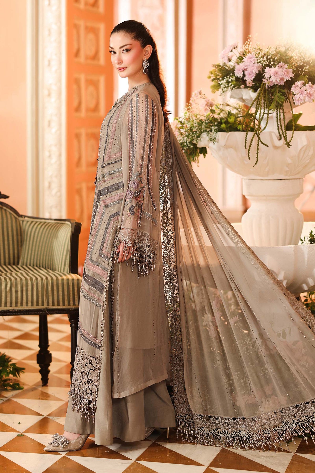 Maria B. | 3 Piece Unstitched Embroidered Chiffon | MPC-26-201-Antique Grey
