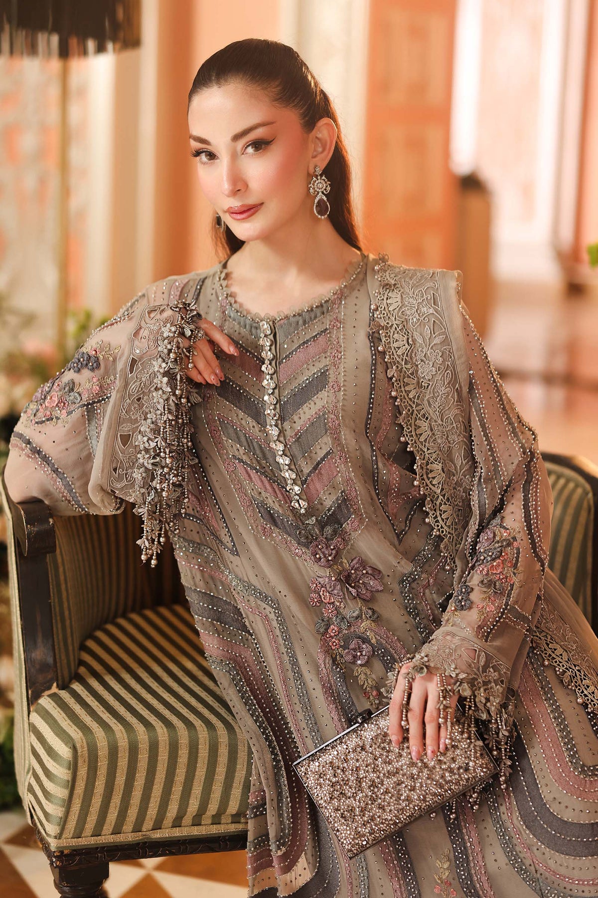 Maria B. | 3 Piece Unstitched Embroidered Chiffon | MPC-26-201-Antique Grey