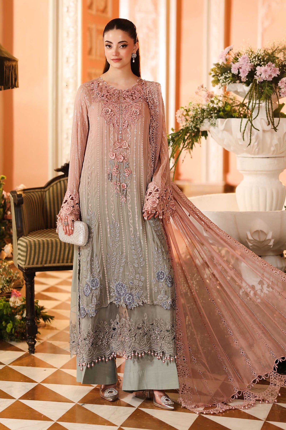 Maria B. | 3 Piece Unstitched Embroidered Chiffon | MPC-26-202-Ombre Blossom
