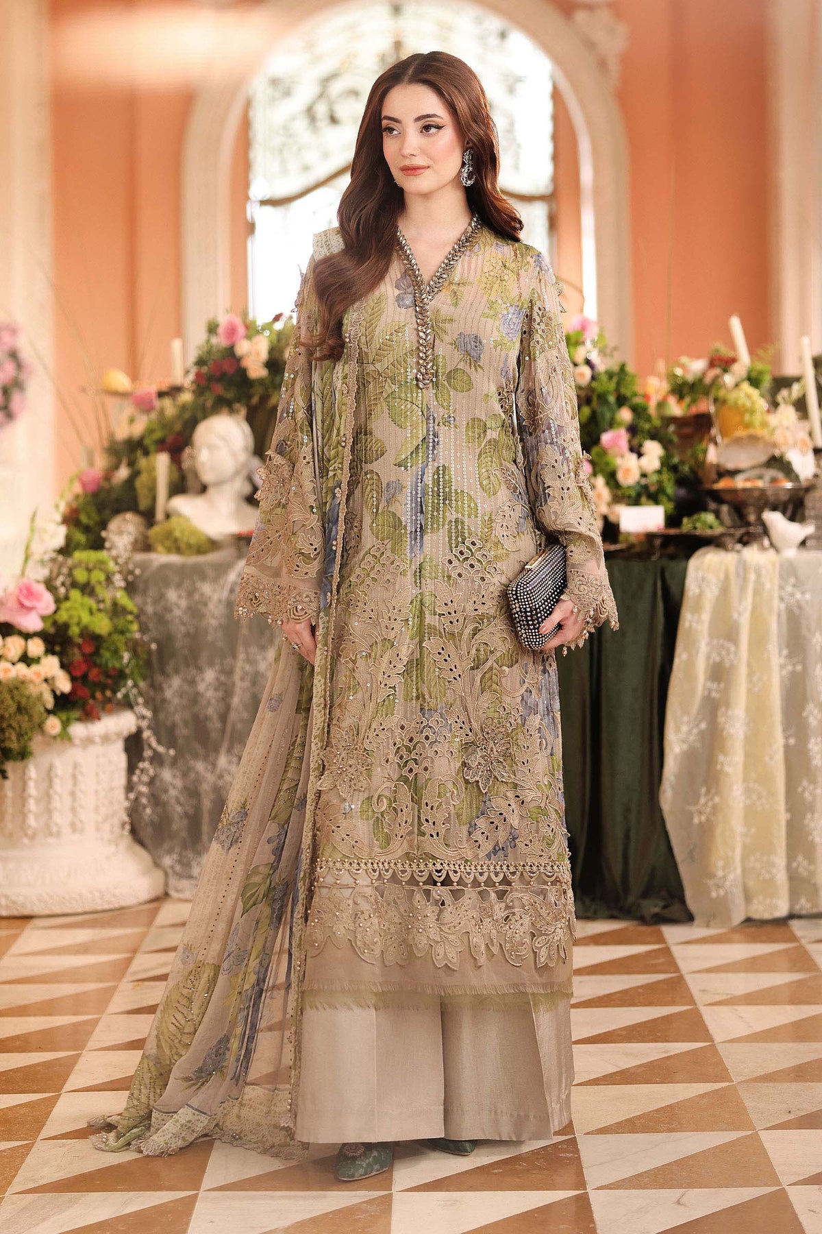 Maria B. | 3 Piece Unstitched Embroidered Chiffon | MPC-26-203-Warm Beige