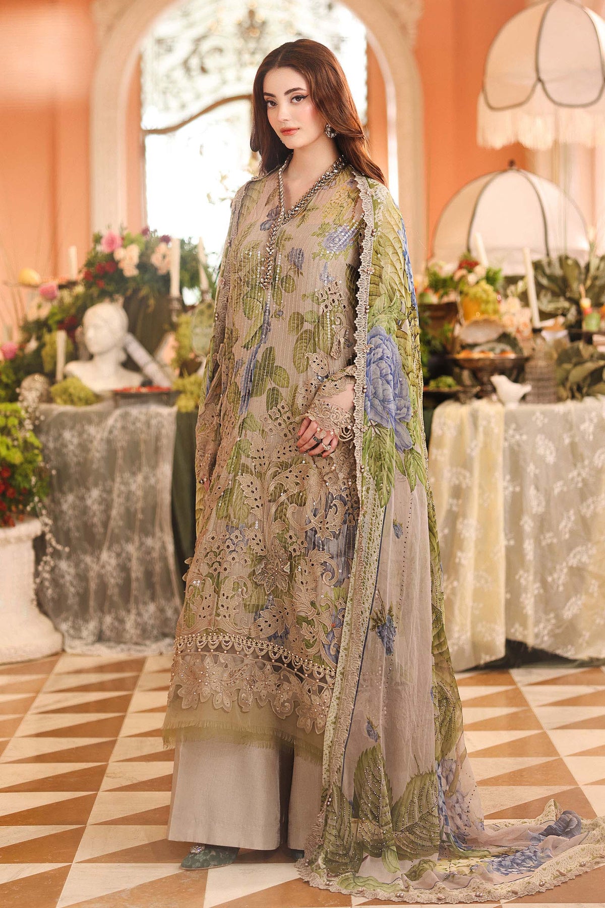 Maria B. | 3 Piece Unstitched Embroidered Chiffon | MPC-26-203-Warm Beige