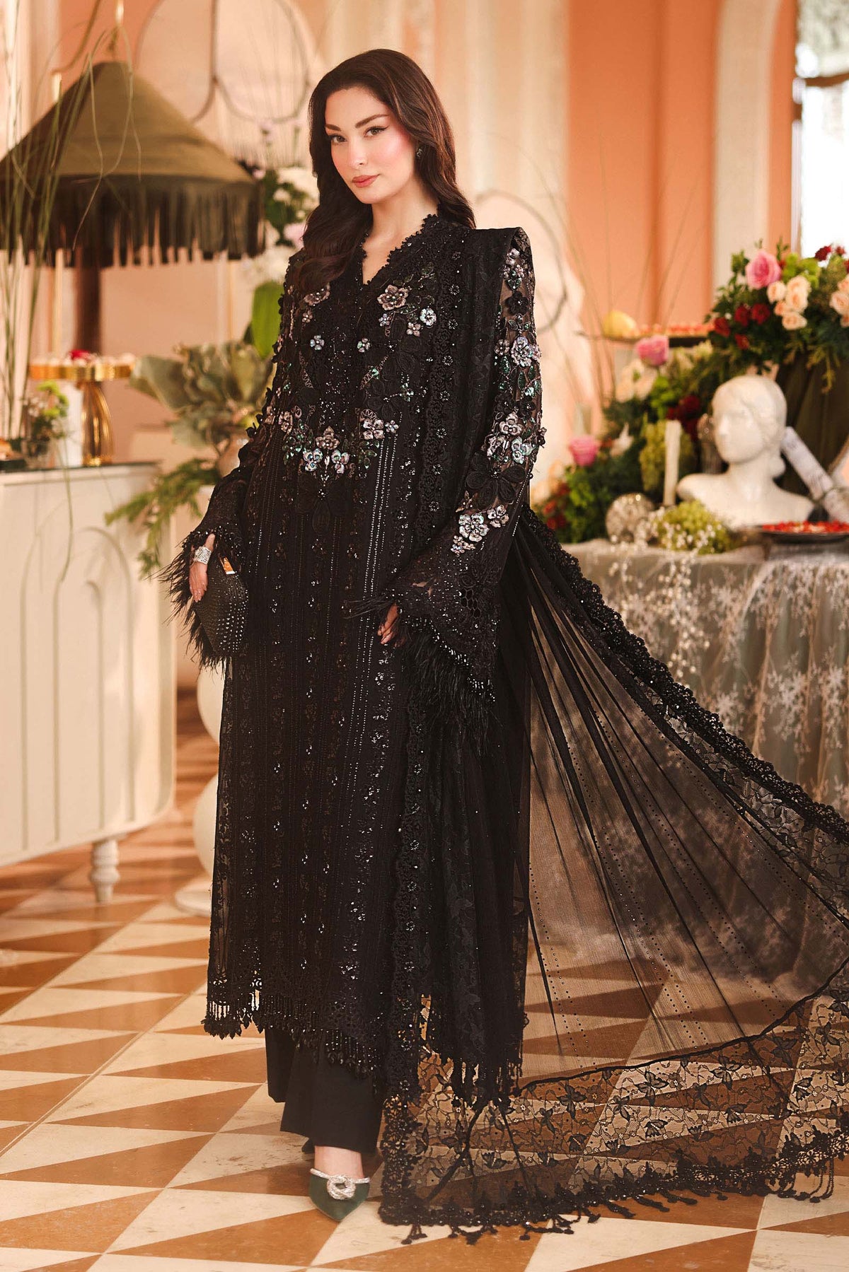 Maria B. | 3 Piece Unstitched Embroidered Chiffon | MPC-26-204-Black
