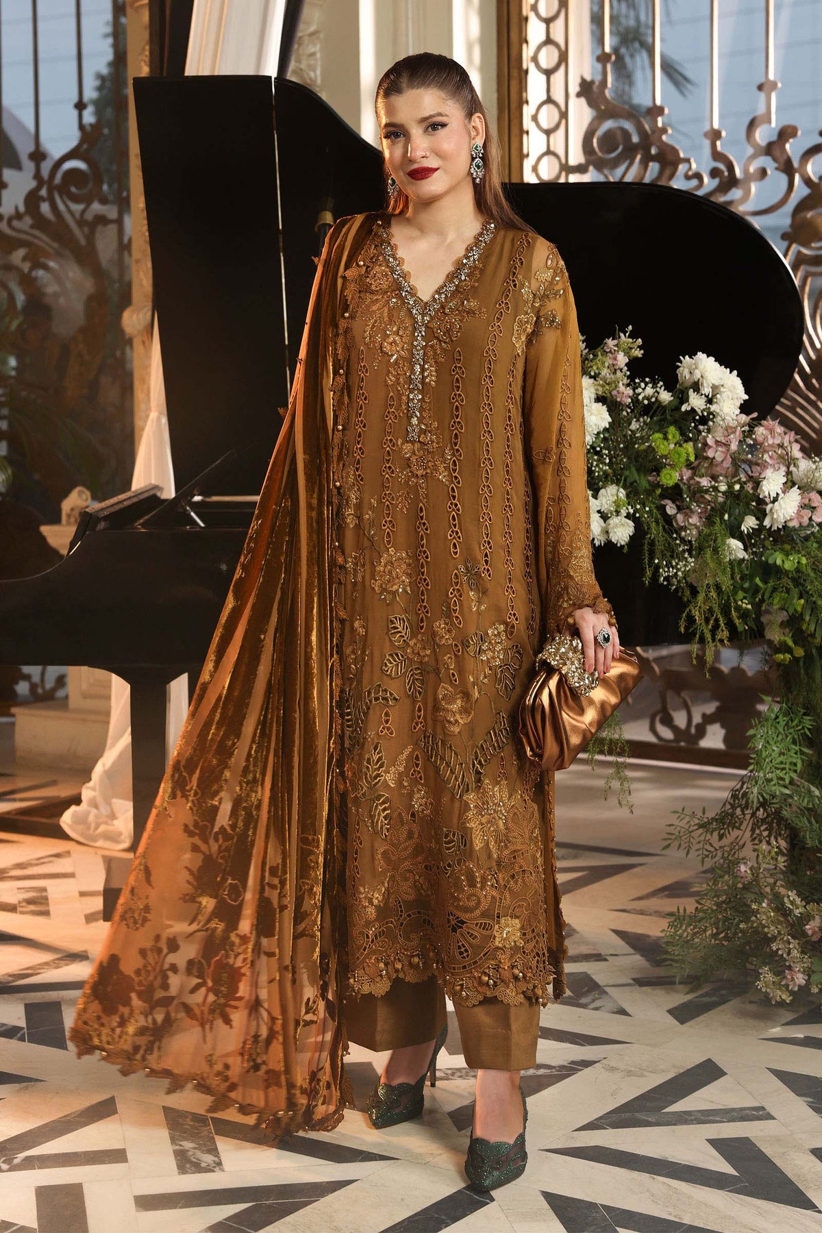 Maria B. |  3 Piece Unstitched Embroidered Chiffon | MPC-26-205-Mustard
