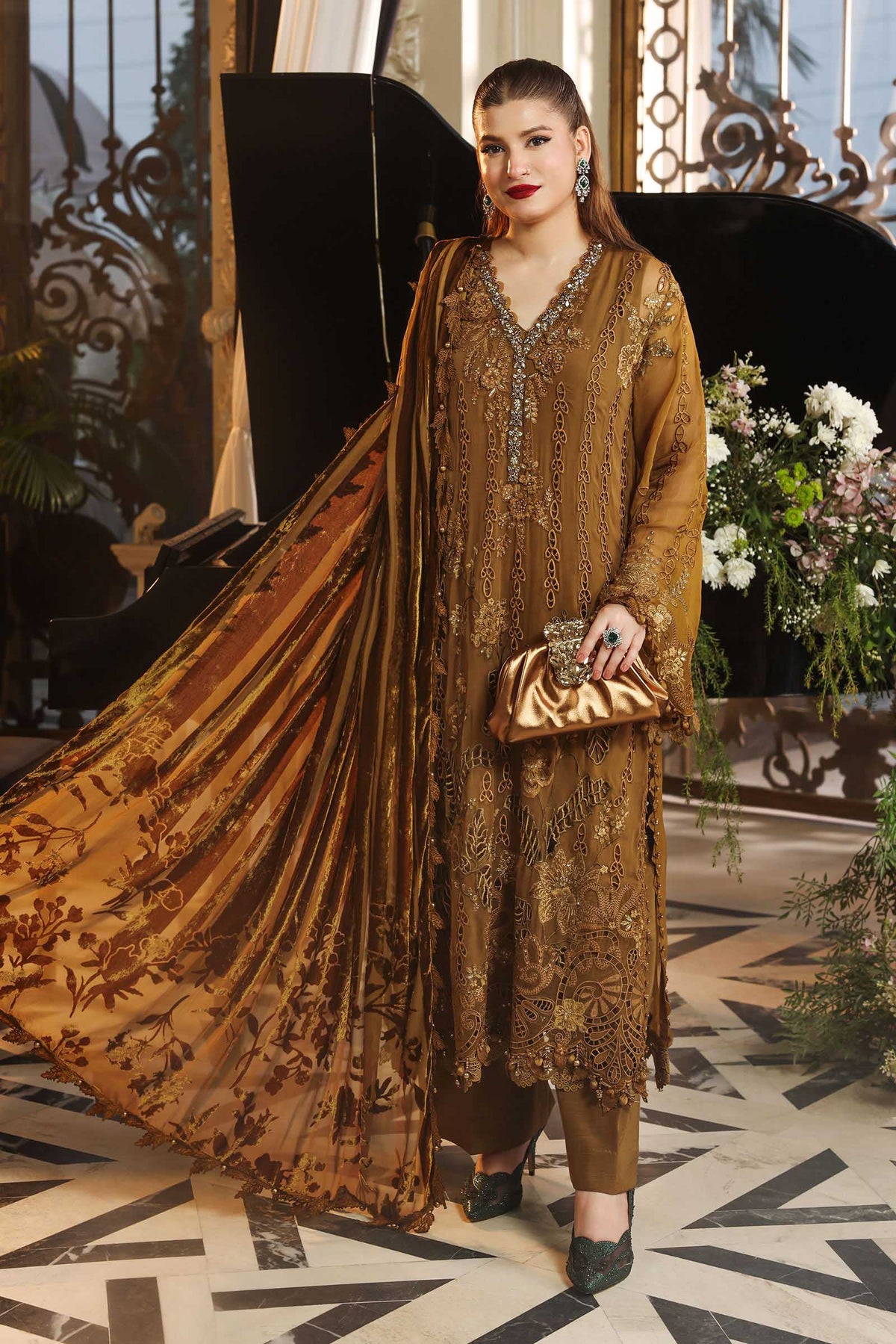 Maria B. |  3 Piece Unstitched Embroidered Chiffon | MPC-26-205-Mustard