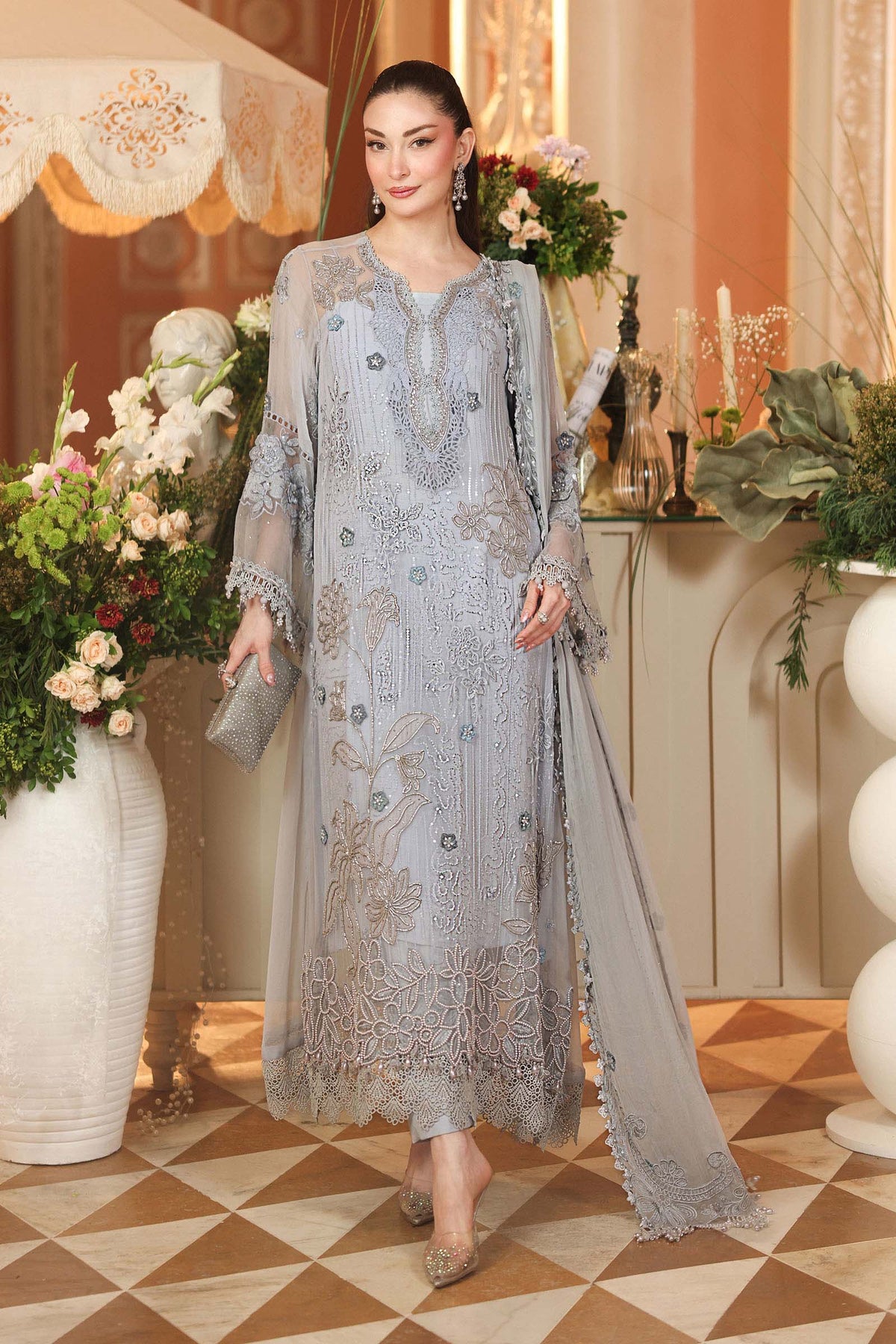 Maria B. | 3 Piece Unstitched Embroidered Chiffon | MPC-26-206-Muted Blue