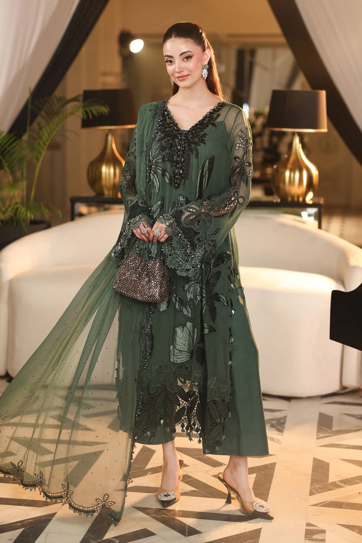 Maria B. | 3 Piece Unstitched Embroidered Chiffon | MPC-26-207-Pine Green