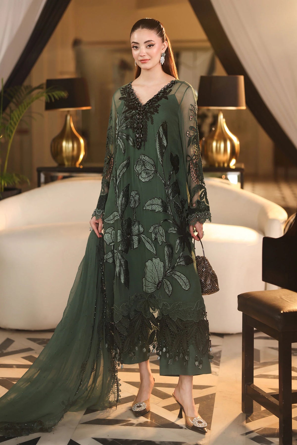 Maria B. | 3 Piece Unstitched Embroidered Chiffon | MPC-26-207-Pine Green