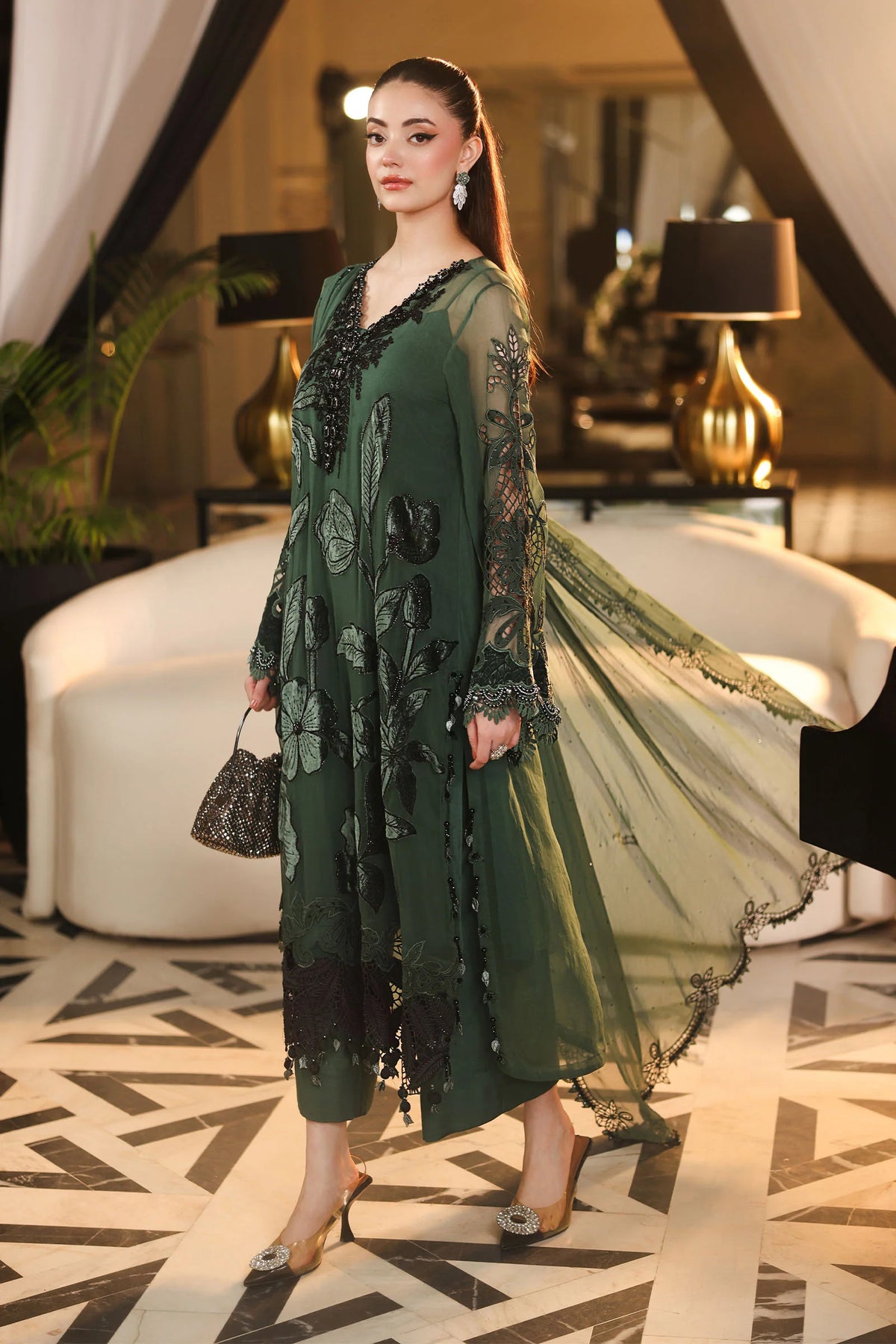 Maria B. | 3 Piece Unstitched Embroidered Chiffon | MPC-26-207-Pine Green