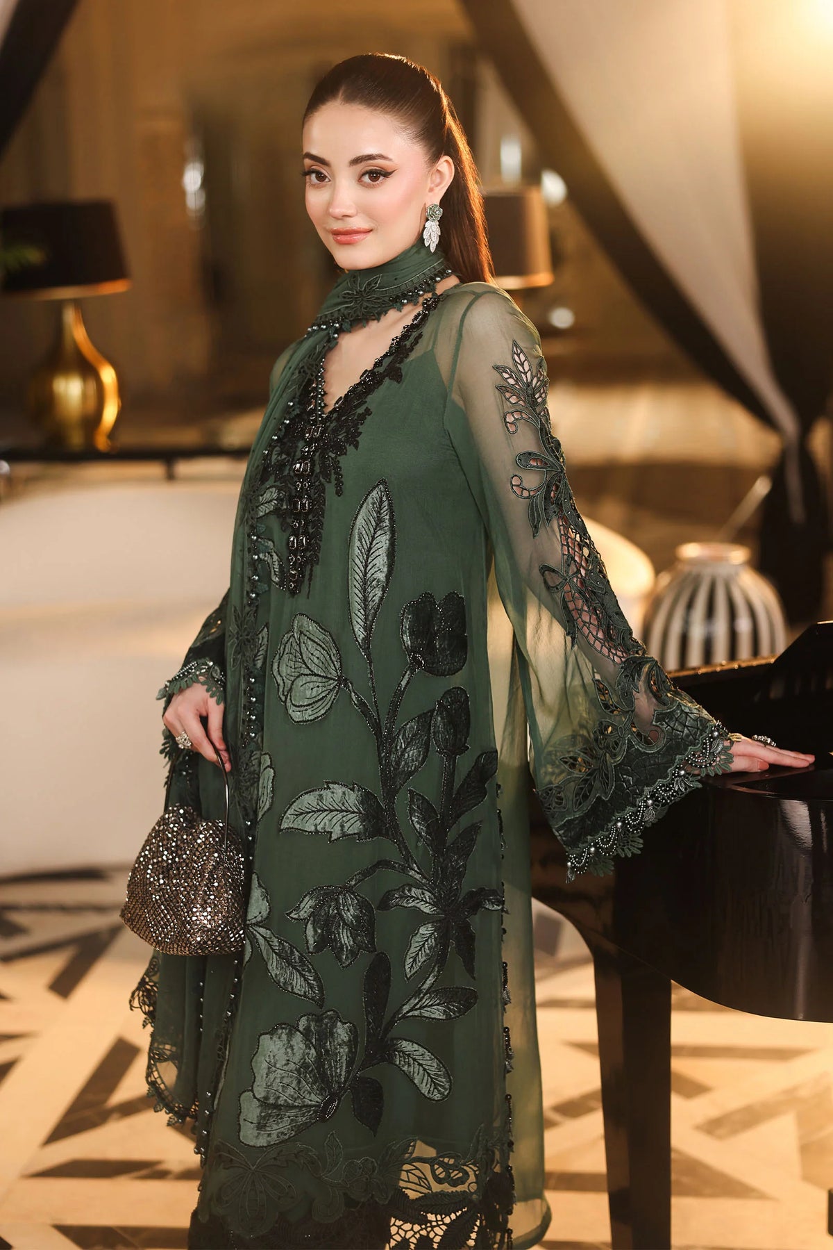 Maria B. | 3 Piece Unstitched Embroidered Chiffon | MPC-26-207-Pine Green