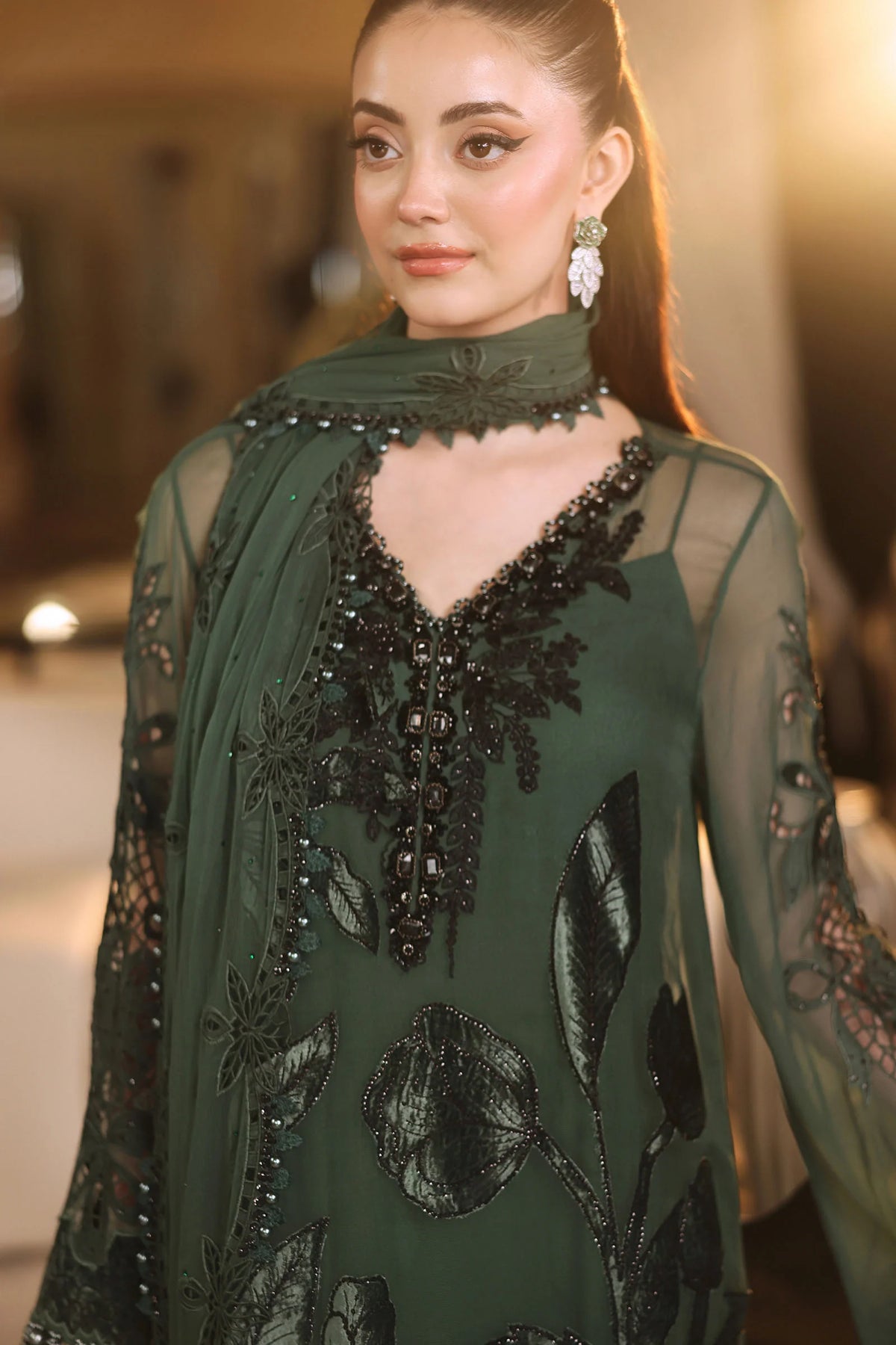 Maria B. | 3 Piece Unstitched Embroidered Chiffon | MPC-26-207-Pine Green