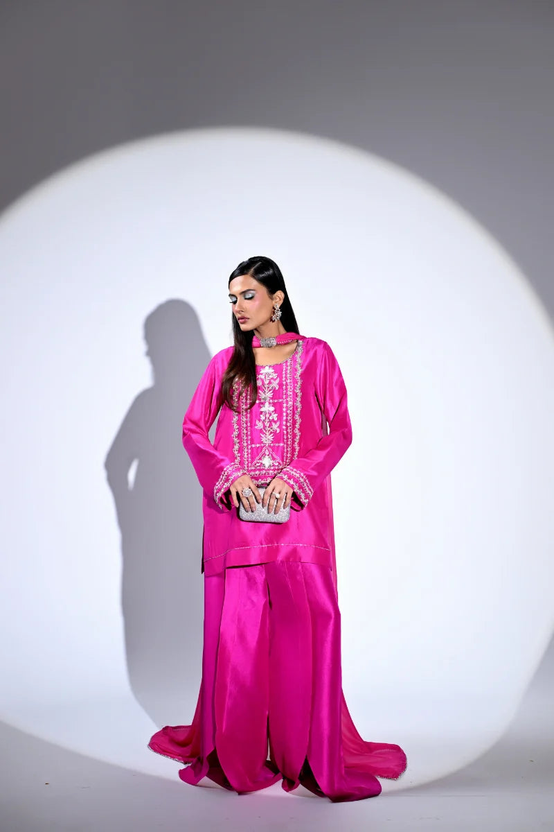 Huma Mistry | 3 Piece Unstitched Embroidered Silk Suite | Fuchsia Flame