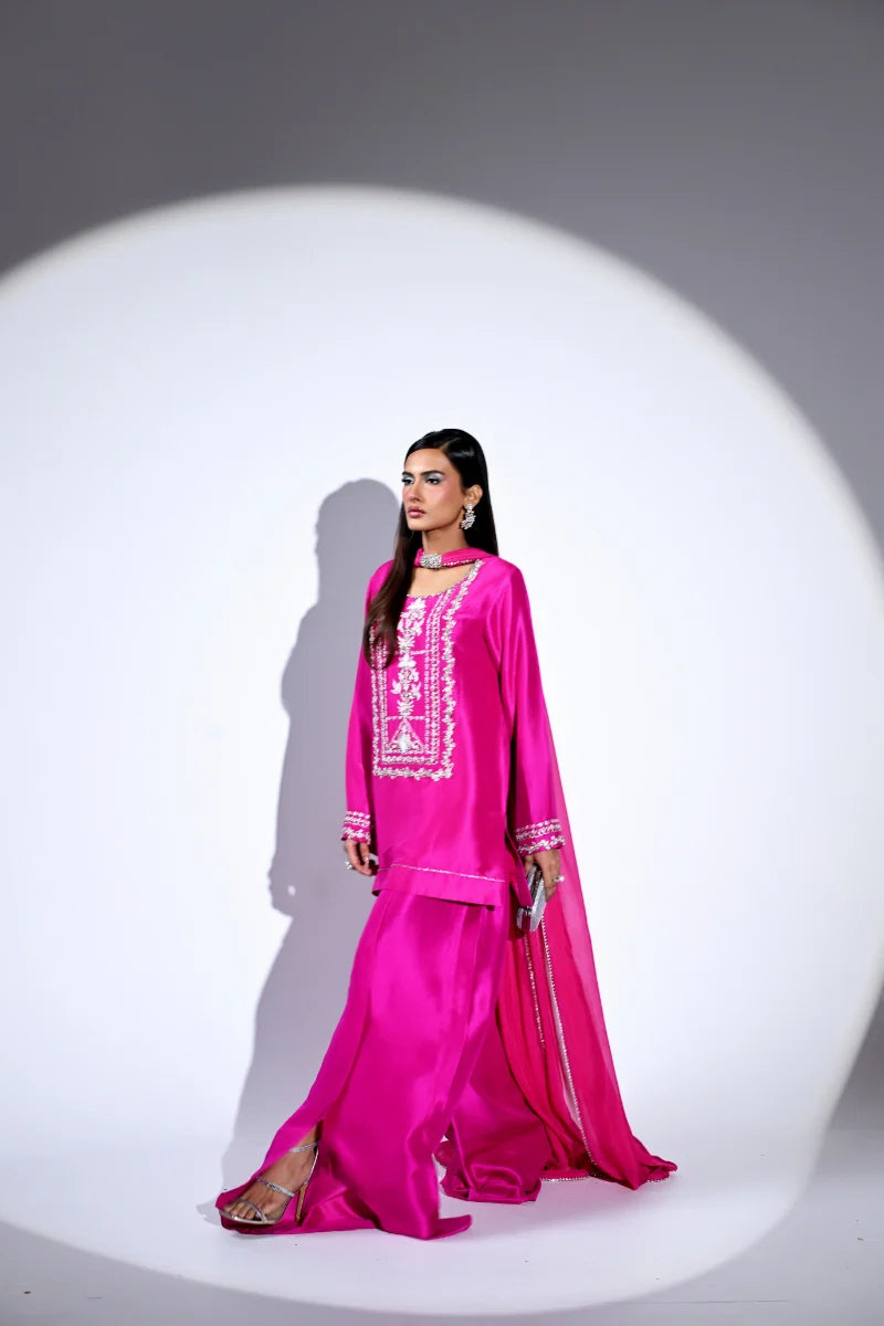 Huma Mistry | 3 Piece Unstitched Embroidered Silk Suite | Fuchsia Flame