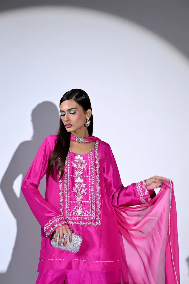 Huma Mistry | 3 Piece Unstitched Embroidered Silk Suite | Fuchsia Flame