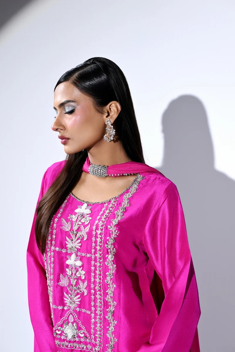 Huma Mistry | 3 Piece Unstitched Embroidered Silk Suite | Fuchsia Flame