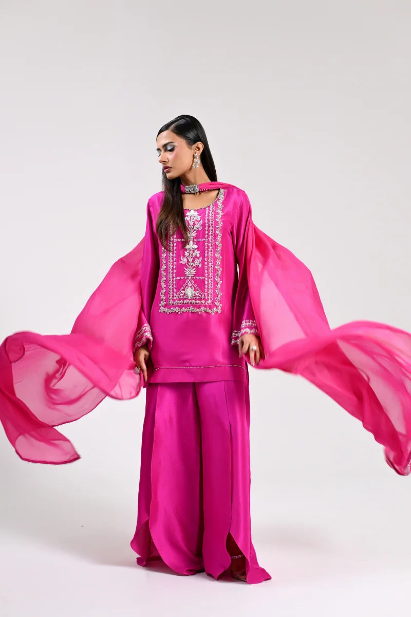 Huma Mistry | 3 Piece Unstitched Embroidered Silk Suite | Fuchsia Flame