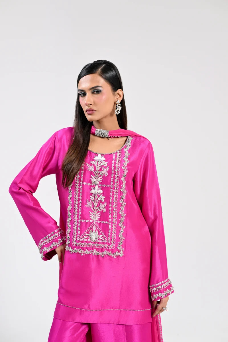 Huma Mistry | 3 Piece Unstitched Embroidered Silk Suite | Fuchsia Flame