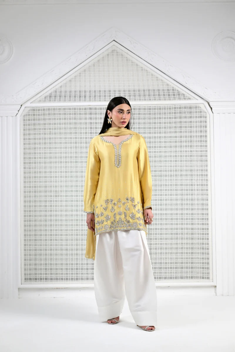 Huma Mistry | 3 Piece Unstitched Embroidered Silk Suite | Butter Radiance