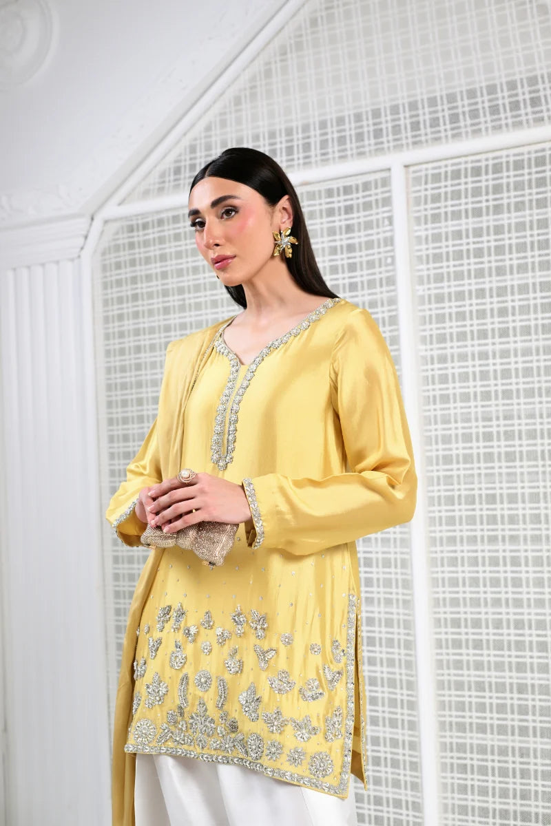 Huma Mistry | 3 Piece Unstitched Embroidered Silk Suite | Butter Radiance