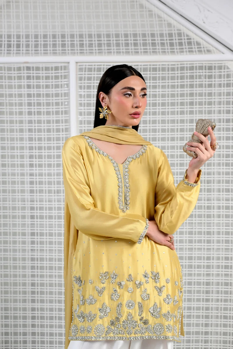 Huma Mistry | 3 Piece Unstitched Embroidered Silk Suite | Butter Radiance