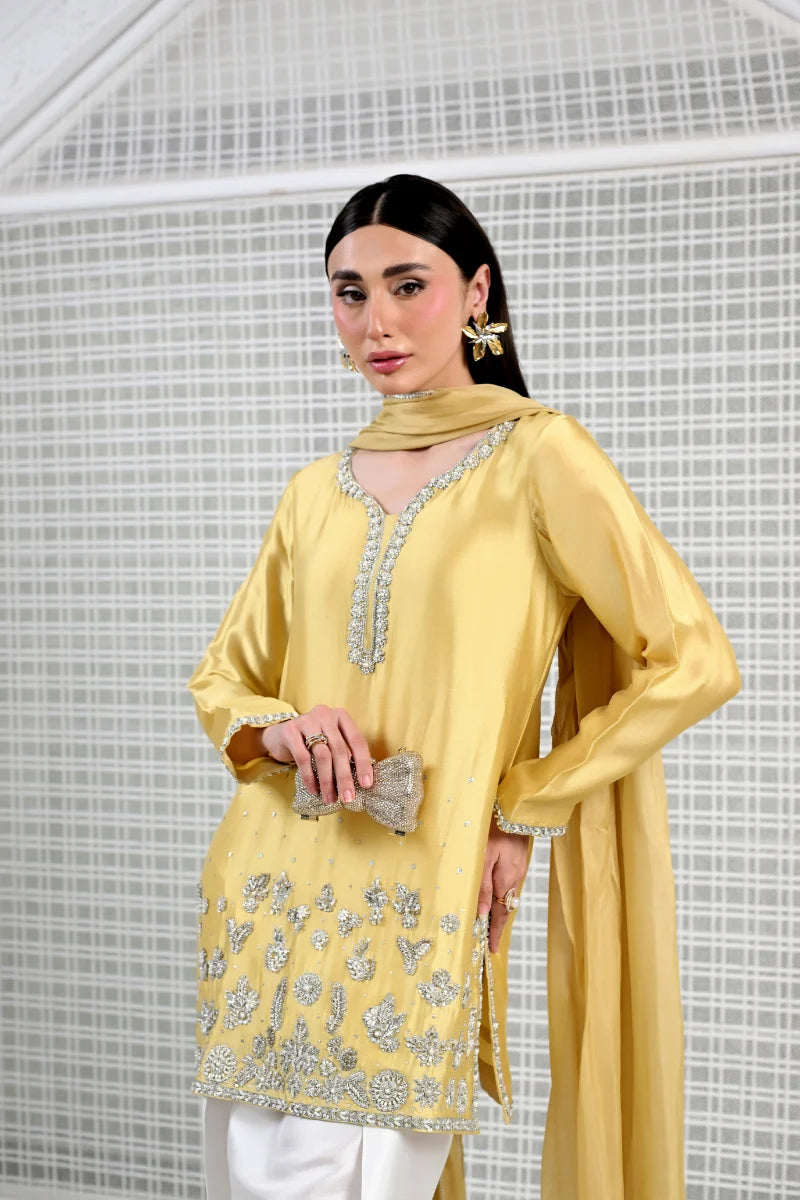 Huma Mistry | 3 Piece Unstitched Embroidered Silk Suite | Butter Radiance