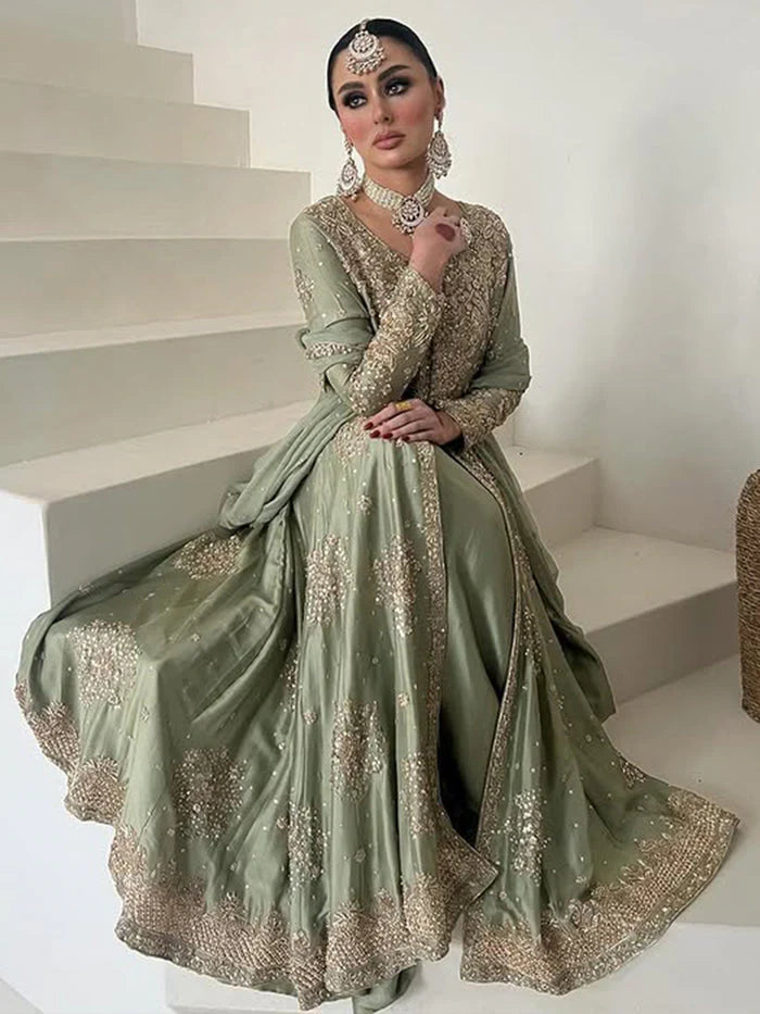 Aisha Naheed | 3 Piece Unstitched Embroidered Raw Silk Maxi | Pistachio Maxi