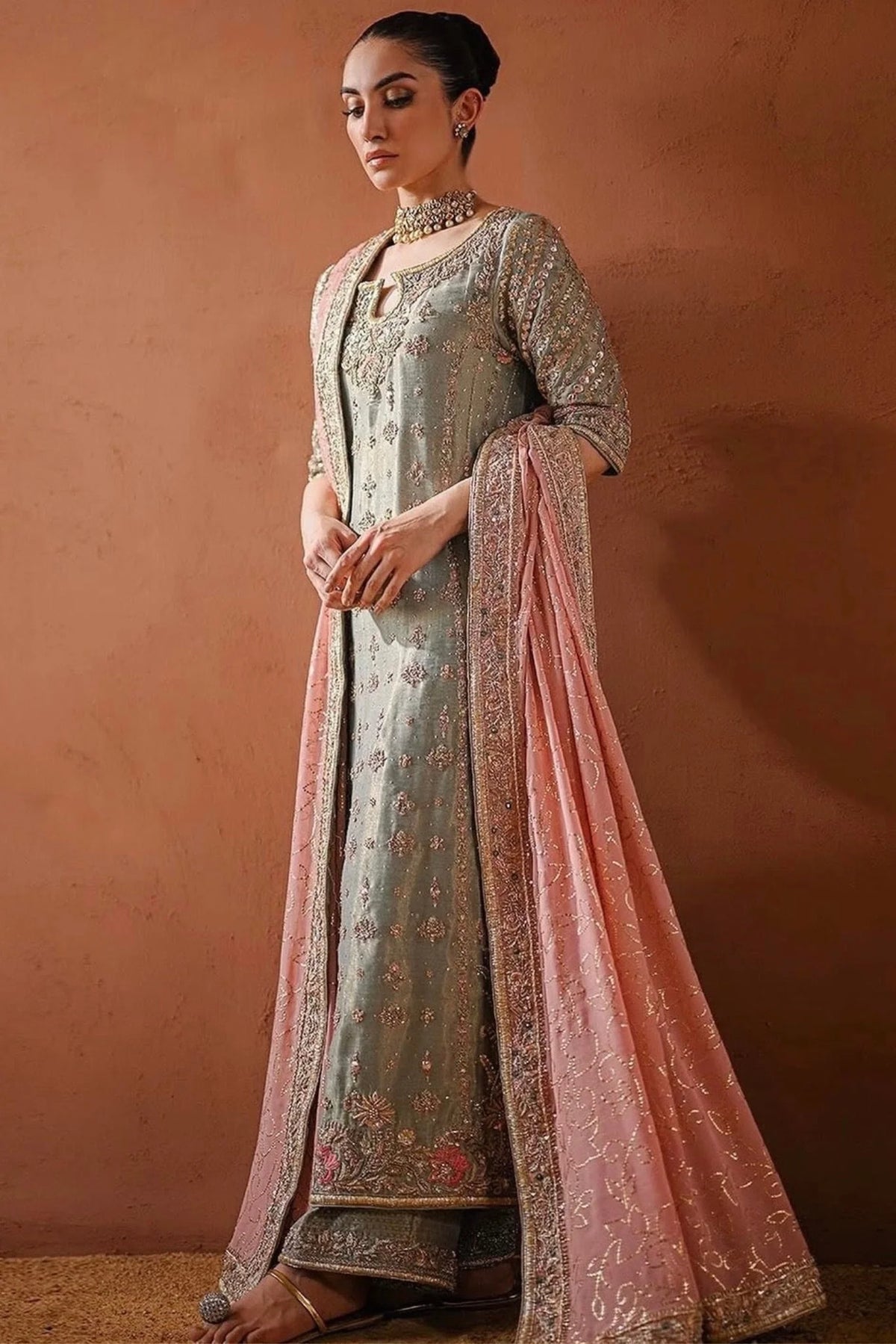 Shagna | 3 Piece Unstitched Embroidered Tussle Silk | Mint Green & Pastel
