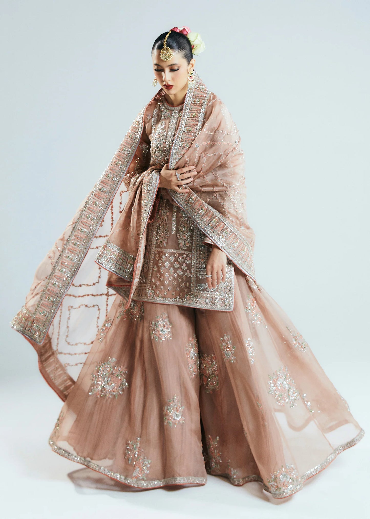 Hussain Rehar | 3 Piece Unstitched Embroidered Organza | Dune