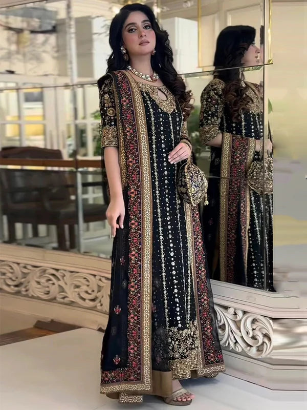 Haris Shakeel | 3 Piece Unstitched Embroidered Tusal Silk | Black