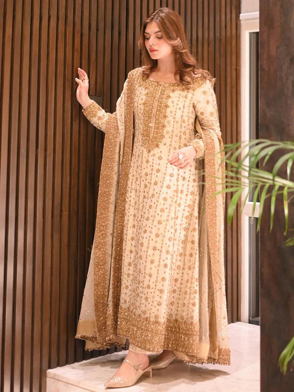 Haris Shakeel | 3 Piece Unstitched Embroidered Raw Silk | Ivory