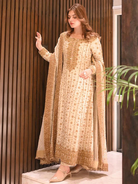 Haris Shakeel | 3 Piece Unstitched Embroidered Raw Silk | Ivory