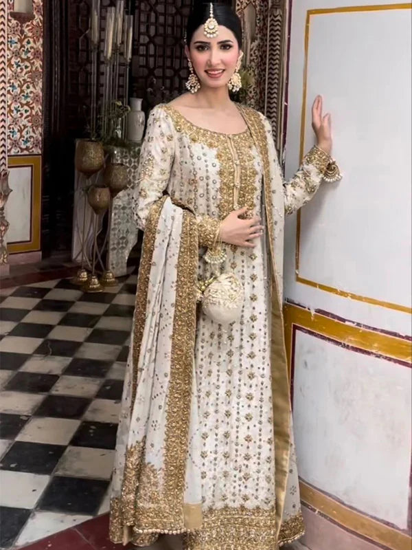 Haris Shakeel | 3 Piece Unstitched Embroidered Raw Silk | Ivory