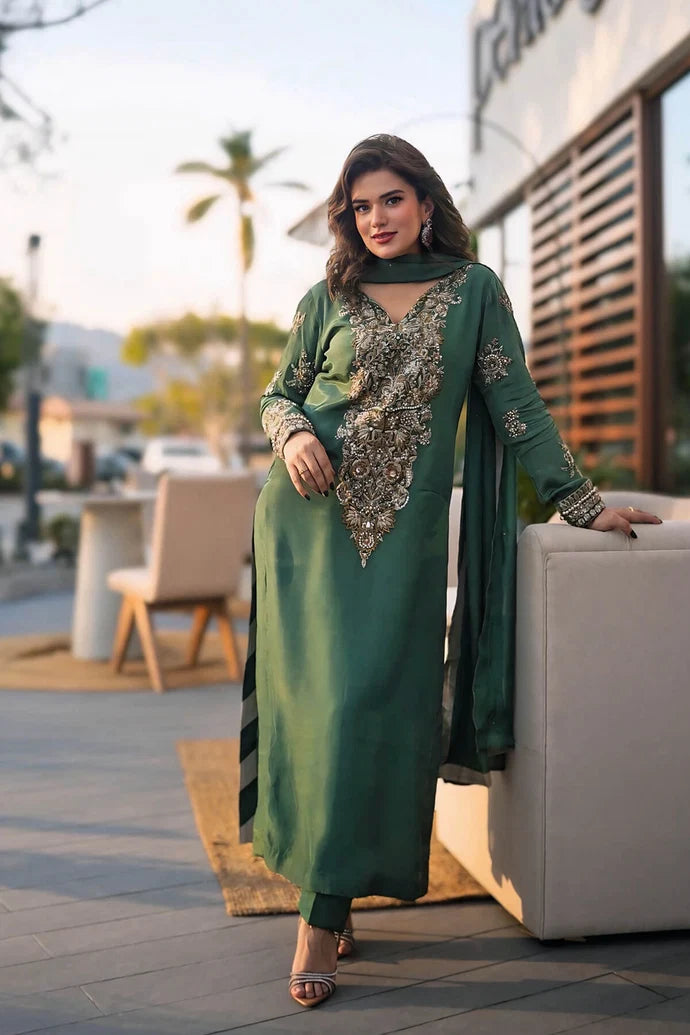 Emran Kashif | 3 Piece Unstitched Embroidered Tussle Silk Suite | Jade Empress
