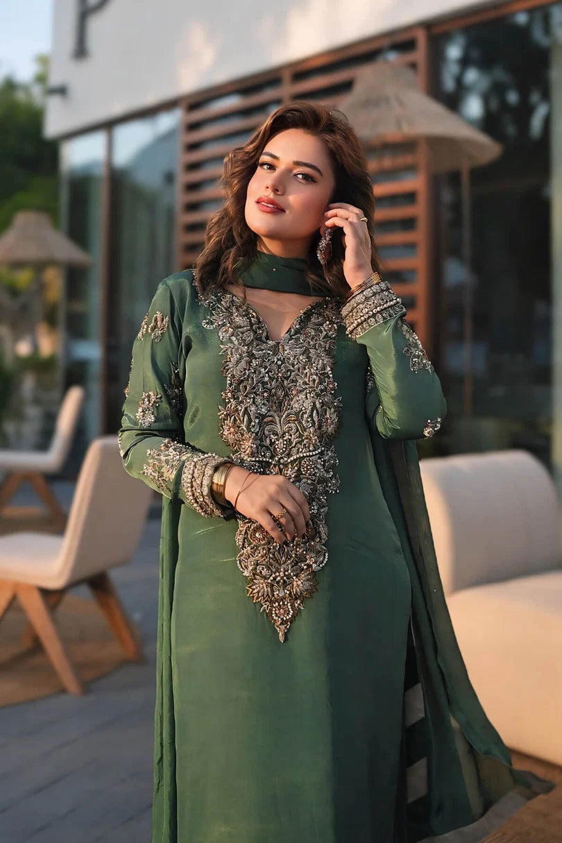Emran Kashif | 3 Piece Unstitched Embroidered Tussle Silk Suite | Jade Empress