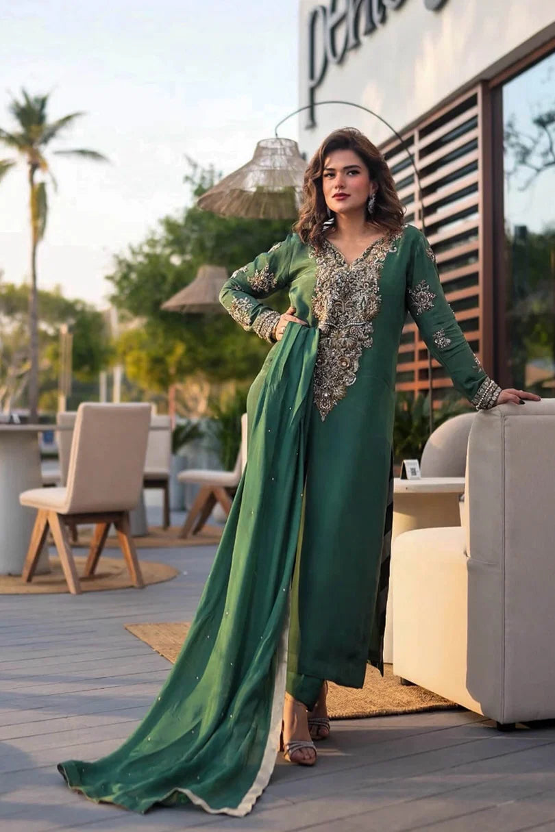 Emran Kashif | 3 Piece Unstitched Embroidered Tussle Silk Suite | Jade Empress